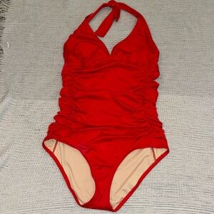 JCrew Ruched halter one-piece swimsuit 14 D cup Red